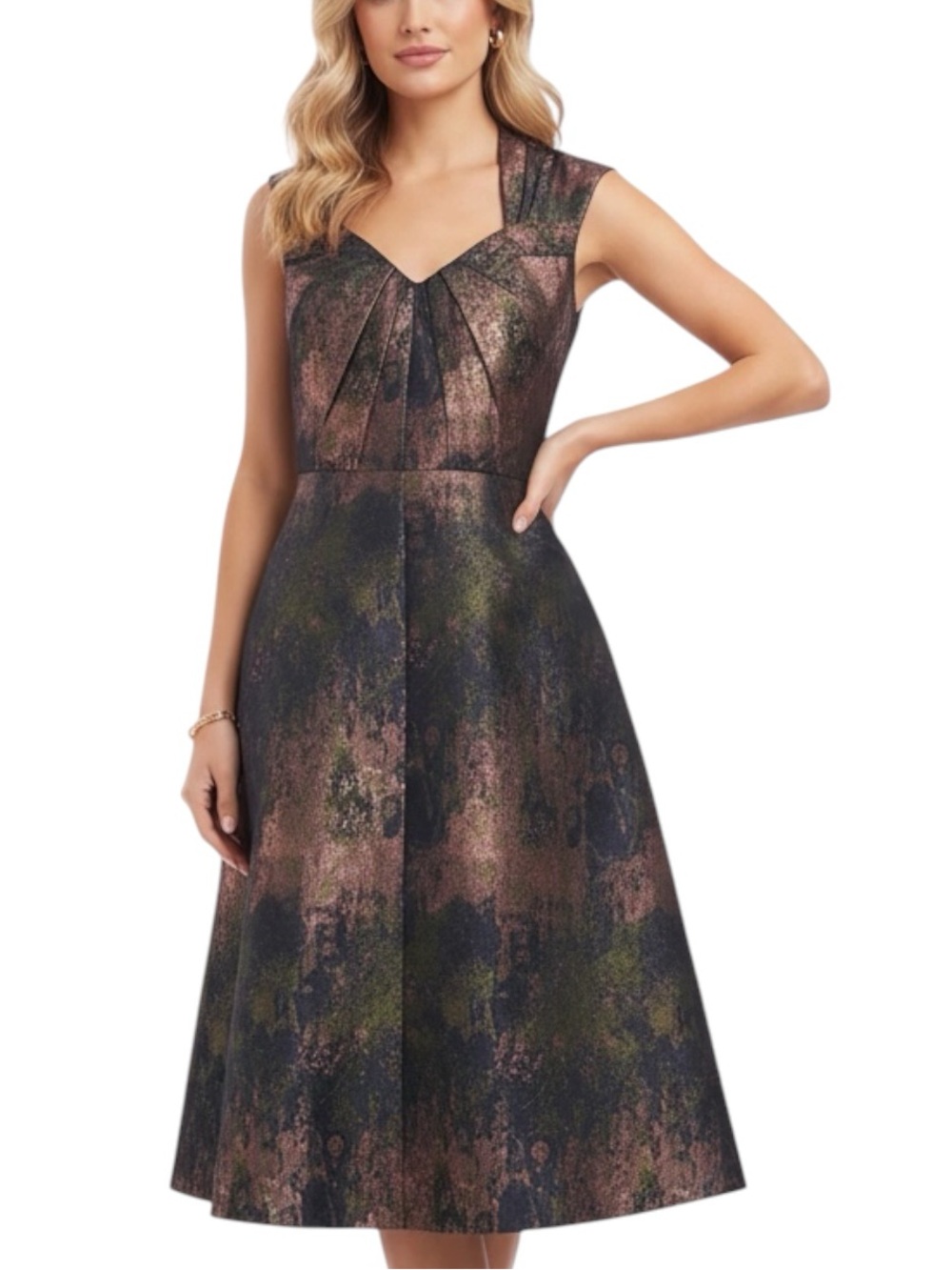 KAY UNGER Meadow Metallic Cap Sleeve Pleated Bodice Jacquard Dress Size 8